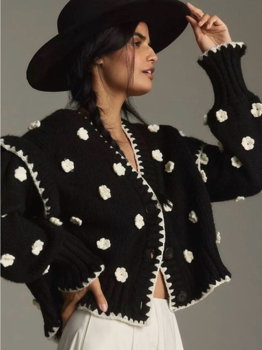 Farm Rio Flowers Black Knit Cardigan Sweater